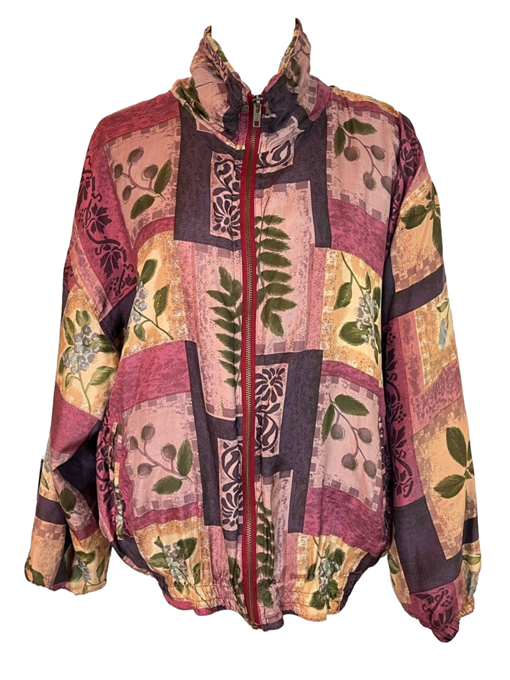 Vintage 100% Silk Patchwork Pattern Bomber Jacket Large Purple Cottagecore Boho